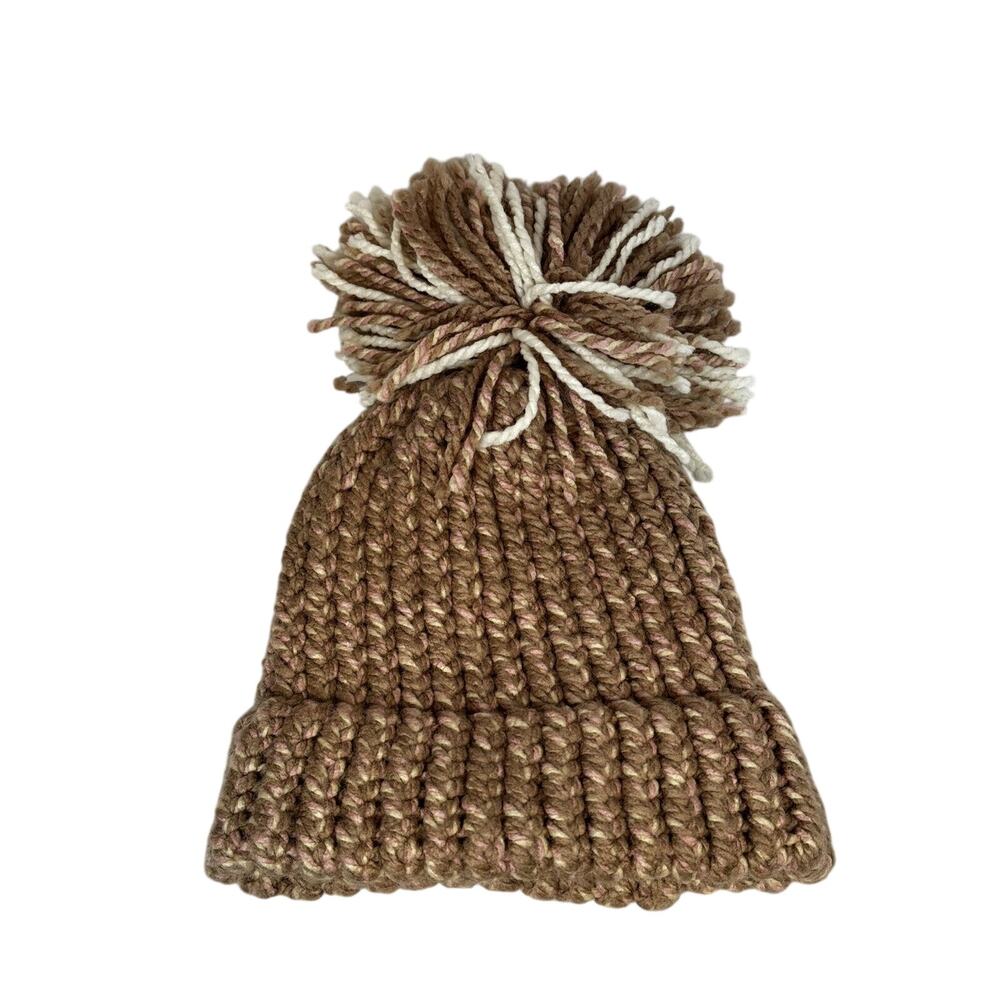 Kids Pink and Tan Beanie Hat With Pom Pom Top Sock Hat Warm Winter Cap